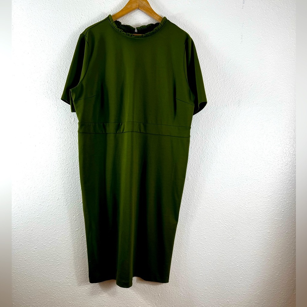 J. Crew olive green fitted sheath dress with ruffle crew neck 20